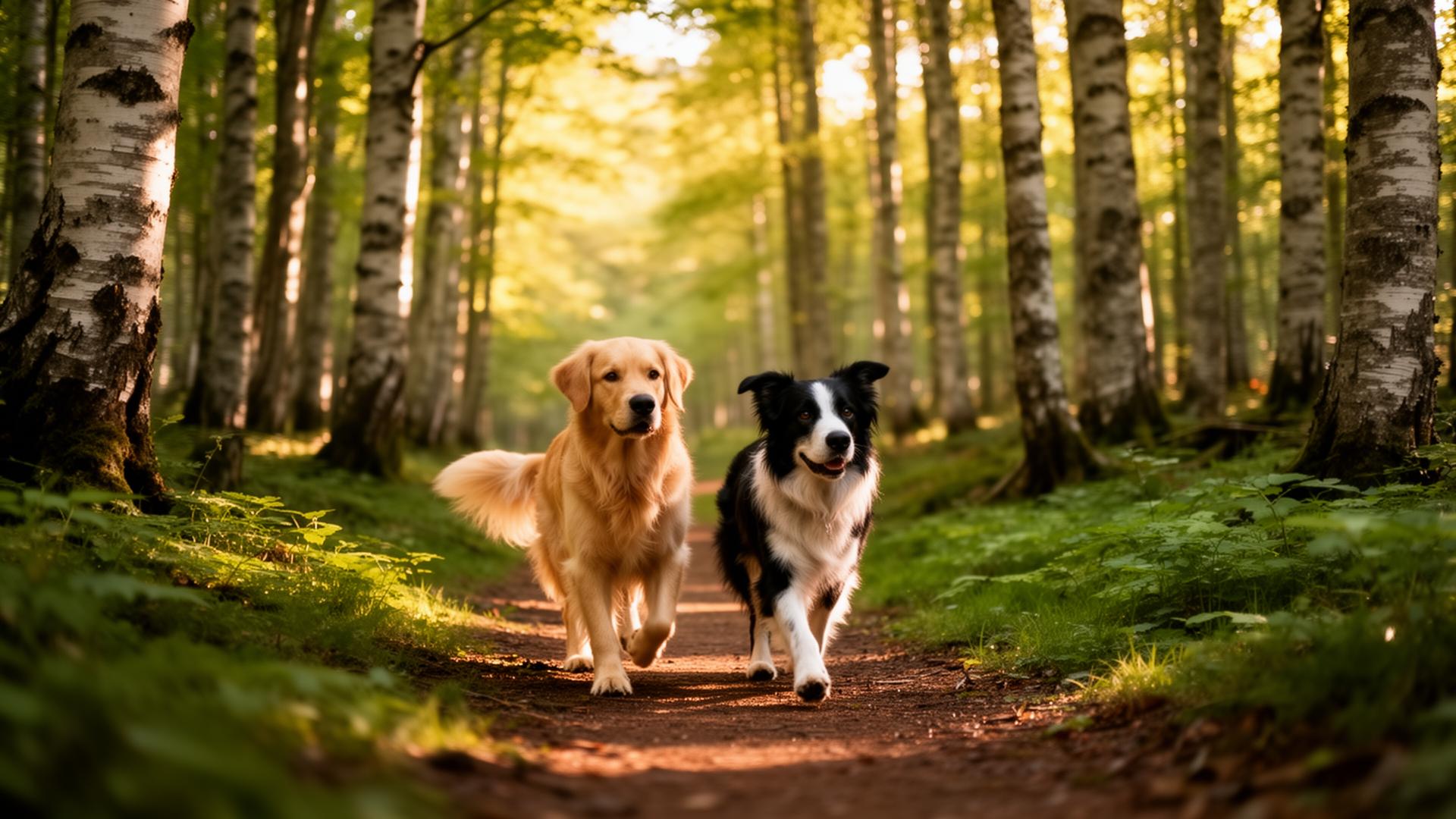 En golden retriever og en border collie på tur i Larvik